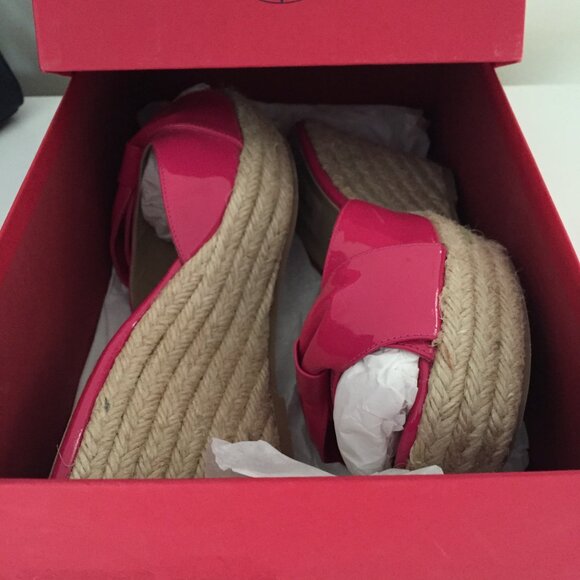 Valentino Mena Bow Hot Pink Patent Leather Wedge Espadrille Slide Sandal - Picture 4 of 10